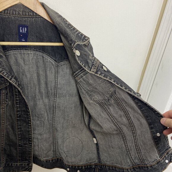 Gap Woman L Black Denim Girl Pwr Drinking Patches Jacket Irish Grunge Biker - Picture 9 of 9